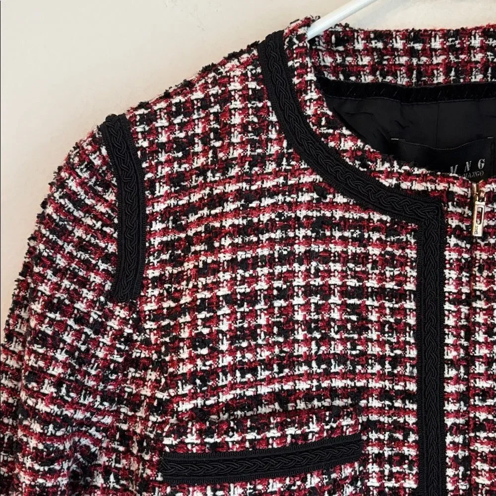 Mango Tweed cropped boxy Black red white full zip Blazer suit jacket women 8 EUC